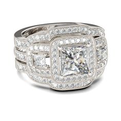 a princess cut diamond ring with double rows of pave set diamonds surrounding the band