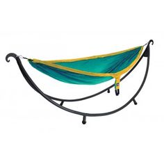 a blue and yellow hammock hanging from a metal stand on a white background