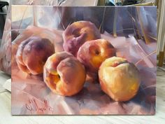 a painting of four peaches on a table with other fruit in the back ground