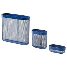 three pieces of blue metal mesh containers