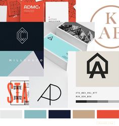 an assortment of business cards and stationery designed to look like modern art deco style