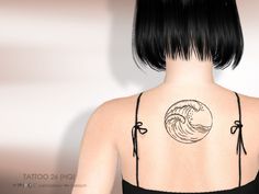 the back of a woman's shoulder with a tattoo on her left shoulder and an image of a wave in the background