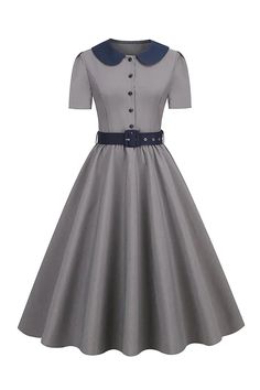 ZAPAKA Women Vintage Dress Peter Pan Collar Grey 1950s Dress with Belt – ZAPAKA UK Female Dress Design, Female Wears, 1940 Dress, Elegant Vintage Dresses, 1950's Dress, Vintage Wedding Party, Lovely Partner, Midi Dress For Women, Peter Pan Collar Dress