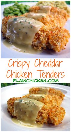 crispy cheddar chicken tenders on a white plate with gravy