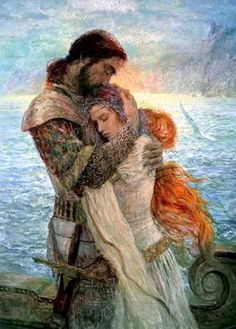 a painting of a man and woman embracing each other in front of a body of water