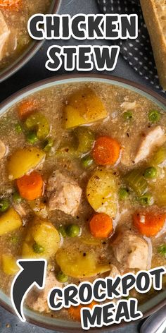 a bowl of chicken stew with carrots, potatoes and bread on the side next to it