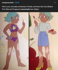 two pictures of cartoon characters, one with blue hair and the other wearing a bathing suit