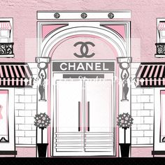 a chanel store front with pink walls and doors