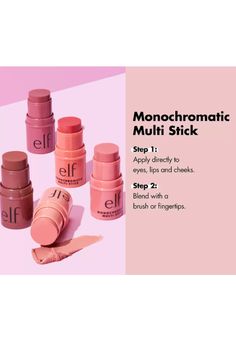 Luxuriously Creamy & Blendable Color, For Eyes, Lips & Cheeks vibrant & blendable, smooth finish, nourishes & refreshes skin, skin loving ingredients All e.l.f. products are 100% cruelty-free and Vegan. Elf Multi Stick, Elf Skin Care, Loreal Skin Care, Elf Brushes, Cream Blush Stick, E.l.f. Cosmetics, Elf Cosmetics, Elf Makeup, Eyeshadow Lipstick