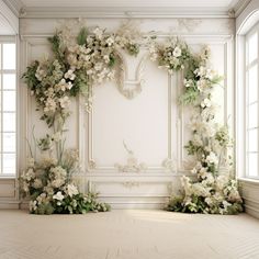 an empty room with white flowers and greenery on the wall, surrounded by windows