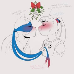 a drawing of two people kissing each other with christmas decorations on top of their heads