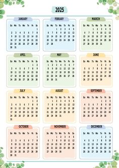 a calendar for the year 2013 with green leaves on it, in pastel colors