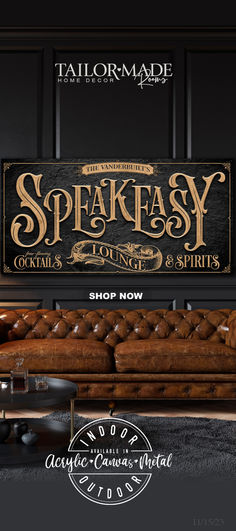 Speakeasy sign in gold and black lettering on black textured background. Speakeasy Sign, Repurposed Dining Room, Speakeasy Decor Bar, Irish Pub Design, Speakeasy Lounge, Prohibition Bar, Lounge Sign, Speakeasy Decor, Home Basement