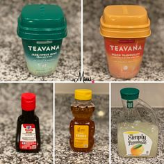 four different types of condiments are shown in this collage, including teavania and simply mustard