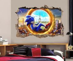 sonic the hedgehog wall sticker in a bedroom with cityscape and eiffel tower