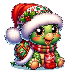 a cartoon turtle wearing a christmas hat and scarf