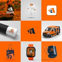 several different logos and designs on an orange background, including a logo for revive