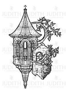 a black and white drawing of a tower with a clock on it's side