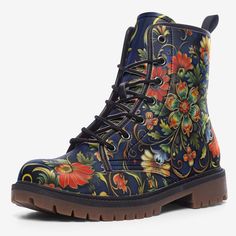 These extremely comfortable classic boots with a high quality print are made to last and to impress. Designed for fashion people, stylish and personalized. Perfect for everyday wearing and to show a unique sense of style.. - The Upper Made of PU leather (synthetic leather), the sole made of rubber.- Soft PU make it comfortable and soft. Size Chart Fall Floral Print Boots With Round Toe, Winter Floral Print Boots, Black Leather Boots With Floral Print, Leather Boots With Floral Print And Round Toe, Multicolor Floral Print Boots With Round Toe, Casual Winter Boots With Floral Print, Casual Ankle-high Boots With Floral Print, Casual Floral Print Boots With Round Toe, Casual Floral Print Round Toe Boots