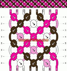 an image of a cross stitch pattern with circles and arrows in pink, brown and white