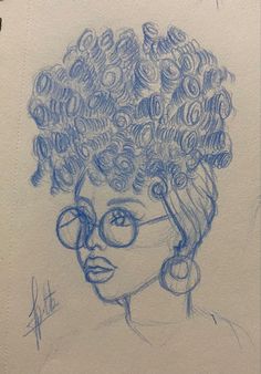 a drawing of a woman's head with curly hair, glasses and curls on it