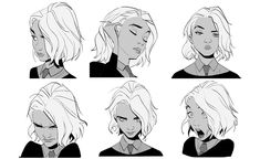 various poses of a woman's face with different hair styles and facial expressions on her face