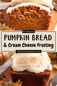 pumpkin bread and cream cheese frosting on a cutting board with the title overlay