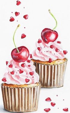 two cupcakes with pink frosting and cherries on top are shown in this drawing