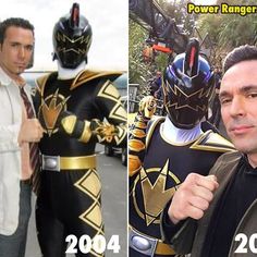 a man standing next to a person in a suit and tie wearing a power ranger costume