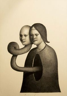 a drawing of two people holding an object in their arms, with one woman's face partially obscured by the other