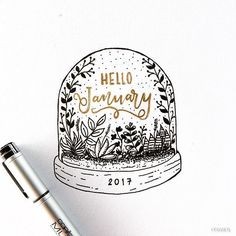 a drawing of a snow globe with the words hello january written in gold on it