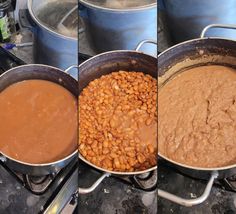 three pictures showing different stages of cooking beans and sauce in pans on the stove