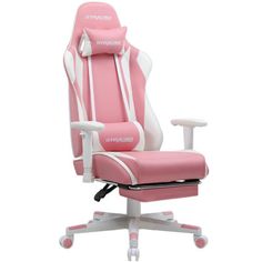 a pink office chair with white trimmings on the back and armrests