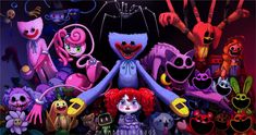 a group of cartoon characters standing next to each other in front of a dark background