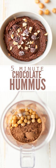 chocolate hummus in a bowl with nuts on top and the words 5 minute chocolate hummus