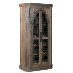 an old wooden cabinet with wine bottles in the door and shelves on both sides, isolated against a white background