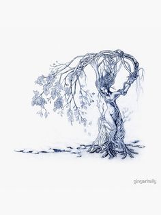 a drawing of a tree with its branches bent over it's head and the roots sprouting out