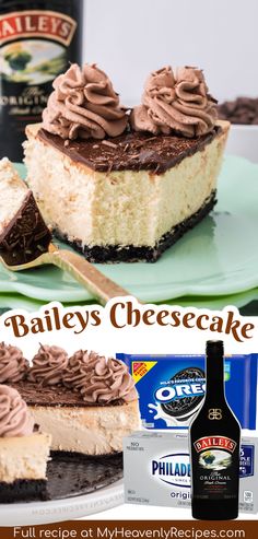 a piece of cheesecake with chocolate frosting on it and a bottle of bailey's