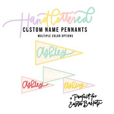 the custom name pennants are multicolored and have different font styles on them