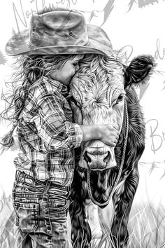 a black and white drawing of a girl hugging a cow