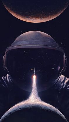 an image of a man in space with a rocket coming out of his head and another person standing next to him