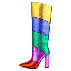 Colorful Patchwork Knee High Boots Rainbow Heels, Color Boots, Dancing Club, Pointed Boots, Botas Chelsea, Pride Colors, Club Music, Super High Heels, Drag Queens