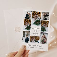 a person holding up a card with pictures of people and christmas decorations on it, which reads married and merry happy holidays