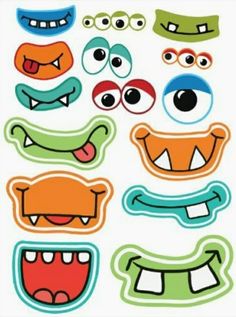 an assortment of monster face stickers with different eyes and mouth shapes on white background