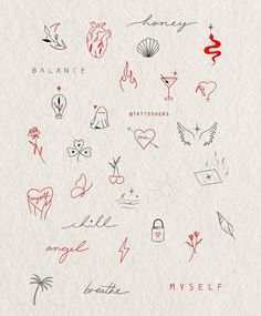 the back side of a piece of paper with many different tattoos on it, including hearts and