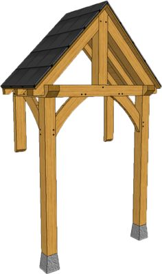 a wooden gazebo with a black roof and shinning on it's sides