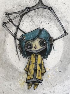 a drawing of a girl with scissors on her head