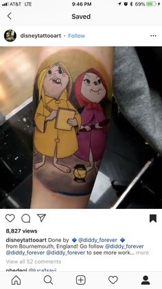 a person with a cartoon tattoo on their arm and the caption reads, disney tattoos follow