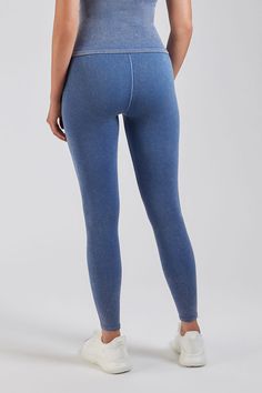 Lightweight Comfort: Feel like you're wearing a second skin with our ultra-light Seamless Wash Denim Leggings, crafted for ultimate comfort and breathability during any activity. Flattering Fit: Engineered with a scoop neckline and racerback design, these denim leggings provide light-to-medium support and flatter every figure with their unique fit. Versatile Style: Perfect for studio and streetwear, these high waist denim leggings offer a seamless transition from yoga class to casual outings, en Sporty Mid-rise Denim Bottoms, Solid Color High Stretch Straight Leg Leggings, High Stretch Solid Color Straight Leg Leggings, High Stretch Straight Leg Solid Leggings, Seamless Full-length Tight Bottoms, Seamless Full Length Tight Bottoms, Full Length Tight Bottoms With Seamless Construction, High Rise Comfort Stretch Yoga Bottoms, Sporty Dark Wash Denim Bottoms