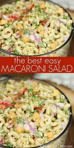 two bowls filled with macaroni salad on top of a wooden table